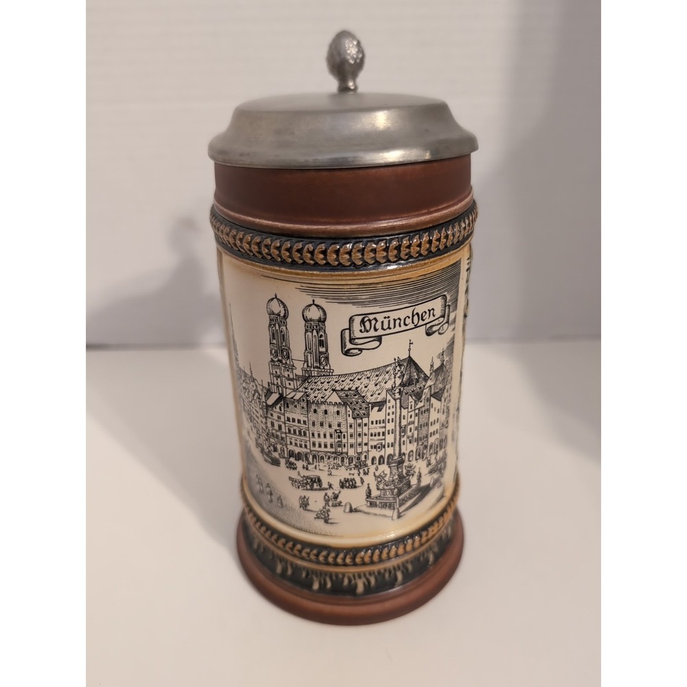 Vtg. Original King German Stein Pewter Lid Depicting a City‎ Numbered 8"